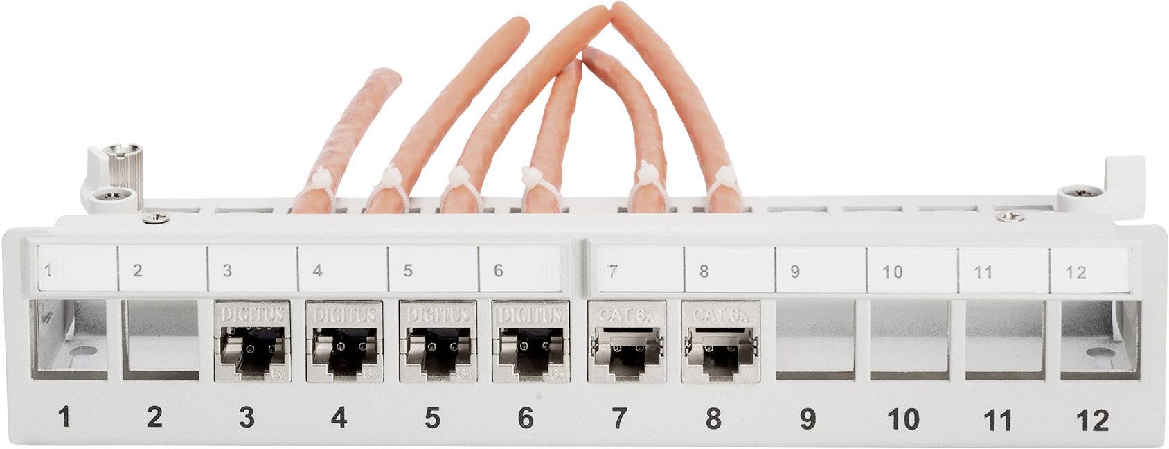 Patchpanel mit zwölf nummerierten Ports und sechs eingesteckten orangefarbenen Kabeln. Verwendet für Netzwerkverbindungen.