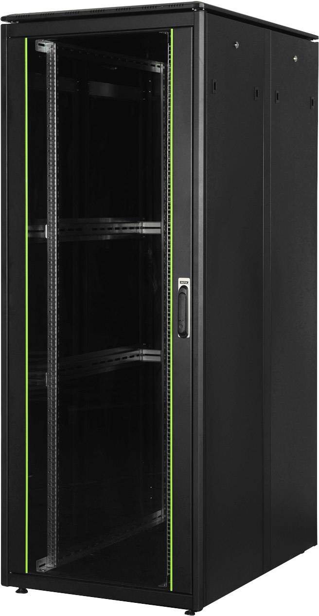Ein schwarzer Server-Rackschrank mit Glastür, grünem Rahmen und mehreren offenen Einlegeböden zum Lagern von IT-Geräten.