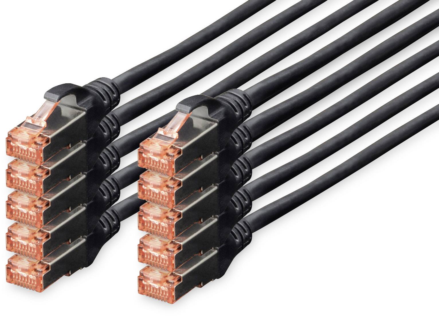 Mehrere schwarze Netzwerkkabel, jeweils mit orangefarbenem Stecker, nebeneinander auf weißem Hintergrund angeordnet.