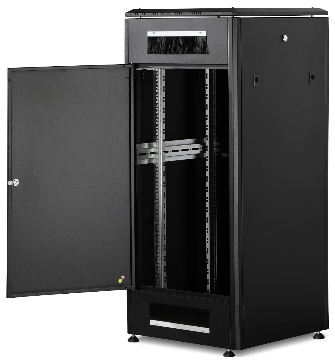 Ein schwarzer Server-Schrank mit geöffneter Tür, zeigt leere Rack-Schienen im Inneren. Ideal für IT-Gerätelagerung in Rechenzentren.