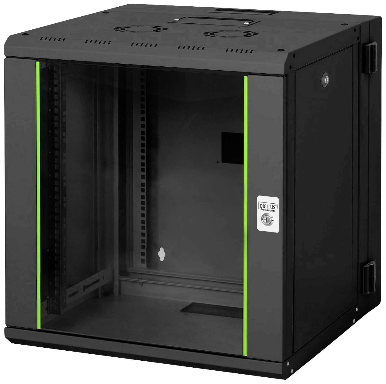 Schwarzer Wandserver-Schrank mit Glastür, geeignet zur sicheren Aufbewahrung von IT-Geräten.