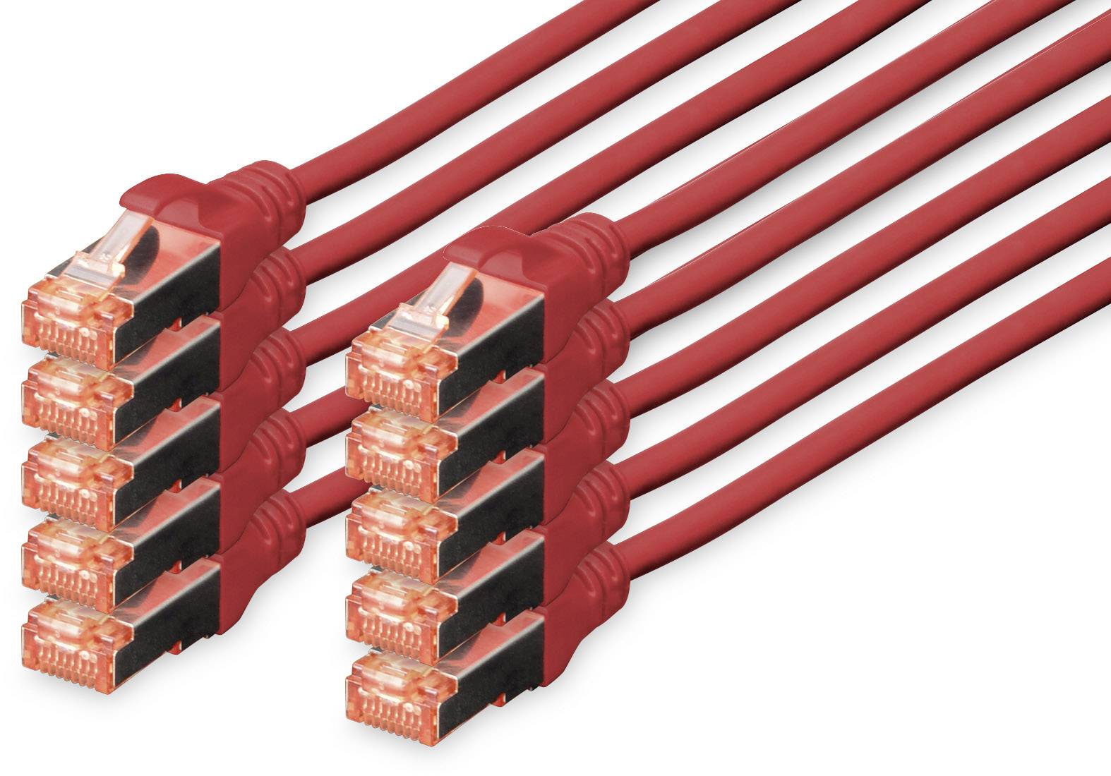 Acht rote Ethernet-Kabel mit durchsichtigen Steckern, in zwei Reihen angeordnet, zeigen die Standardverkabelung für Netzwerkverbindungen.