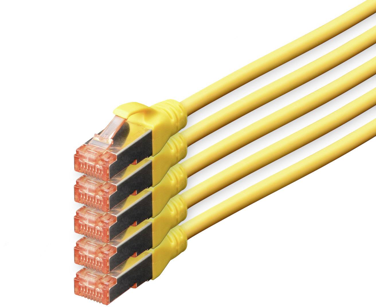 Vier gelbe Ethernet-Kabel mit transparenten Steckern sind nebeneinander angeordnet, bereit für Netzwerkanschlüsse.