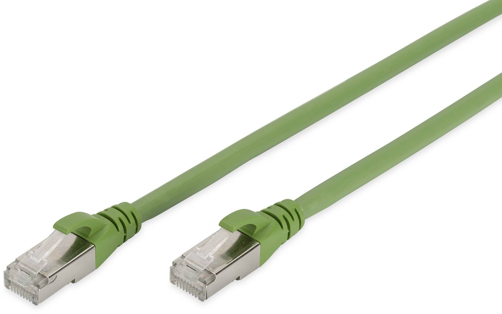 Grünes Ethernet-Kabel mit zwei RJ45-Steckern, geeignet für Internetverbindungen und Netzwerkanschlüsse.