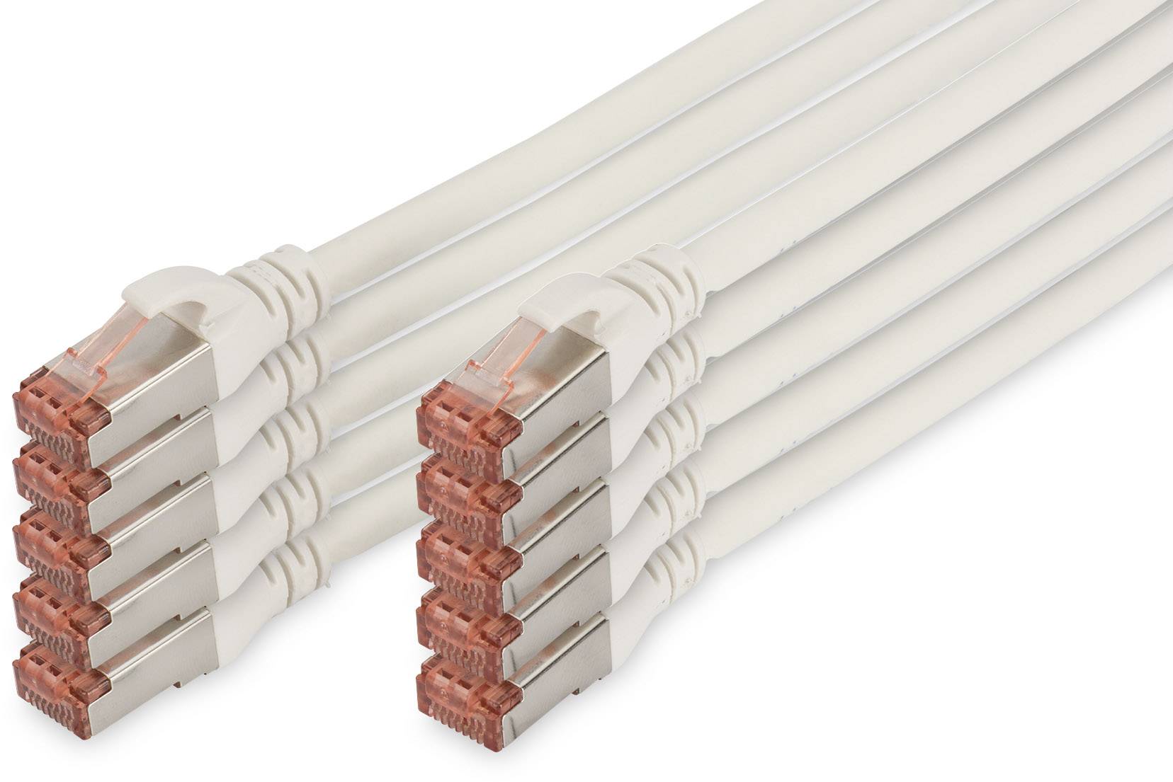 Fünf Ethernet-Kabel mit RJ45-Steckern, nebeneinander angeordnet. Geeignet für Netzwerkverbindungen.