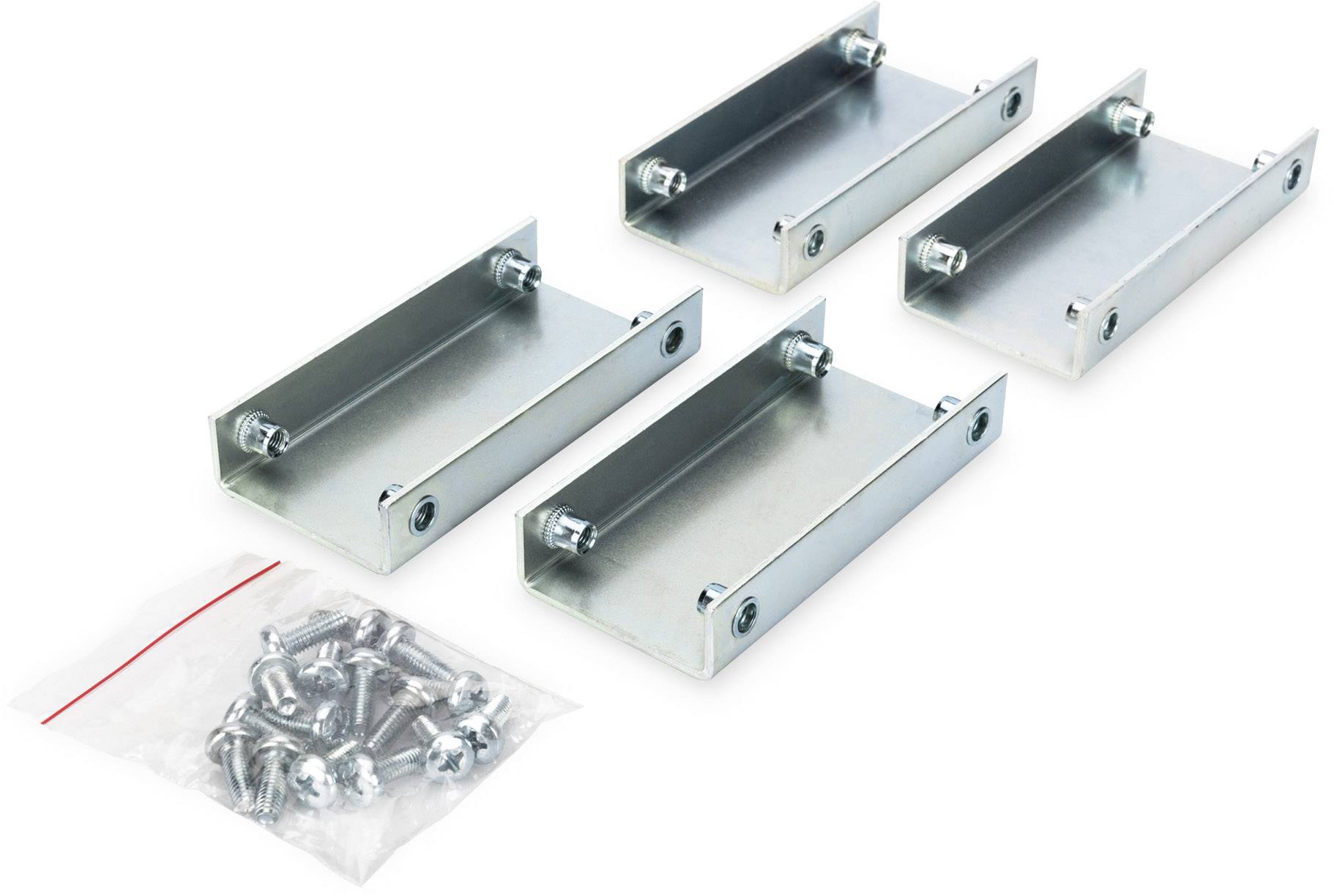Vier Metallwinkel in U-Form mit Schrauben zur Befestigung, neben einem Beutel mit zusätzlichen Schrauben und Muttern. Eignung für Regalstützen.