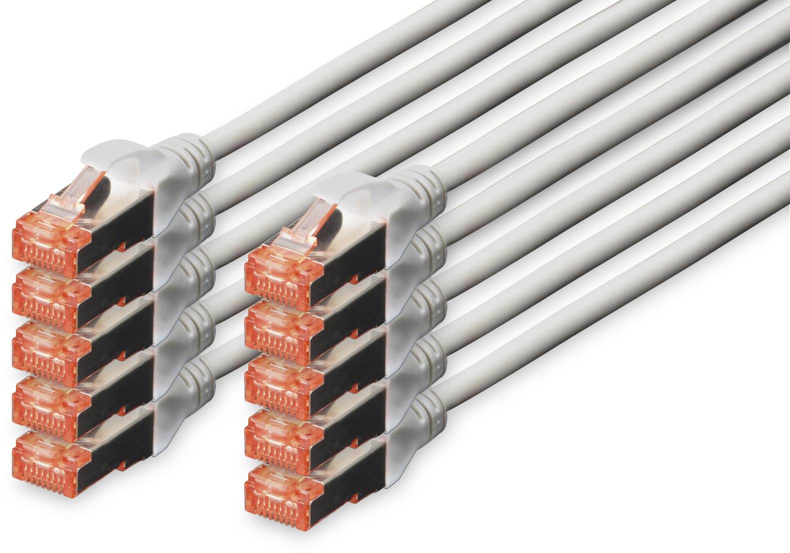 Zehn graue Ethernet-Kabel mit orangefarbenen Steckern in zwei Gruppen nebeneinander.