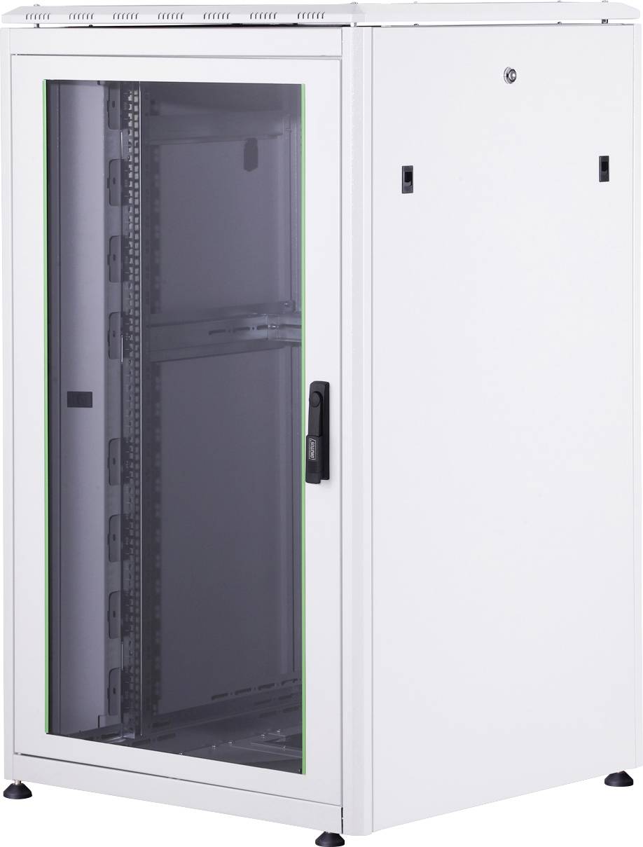 Weißer Server-Schrank mit Glastür, geeignet zur Aufbewahrung von Netzwerk- und IT-Ausrüstung.