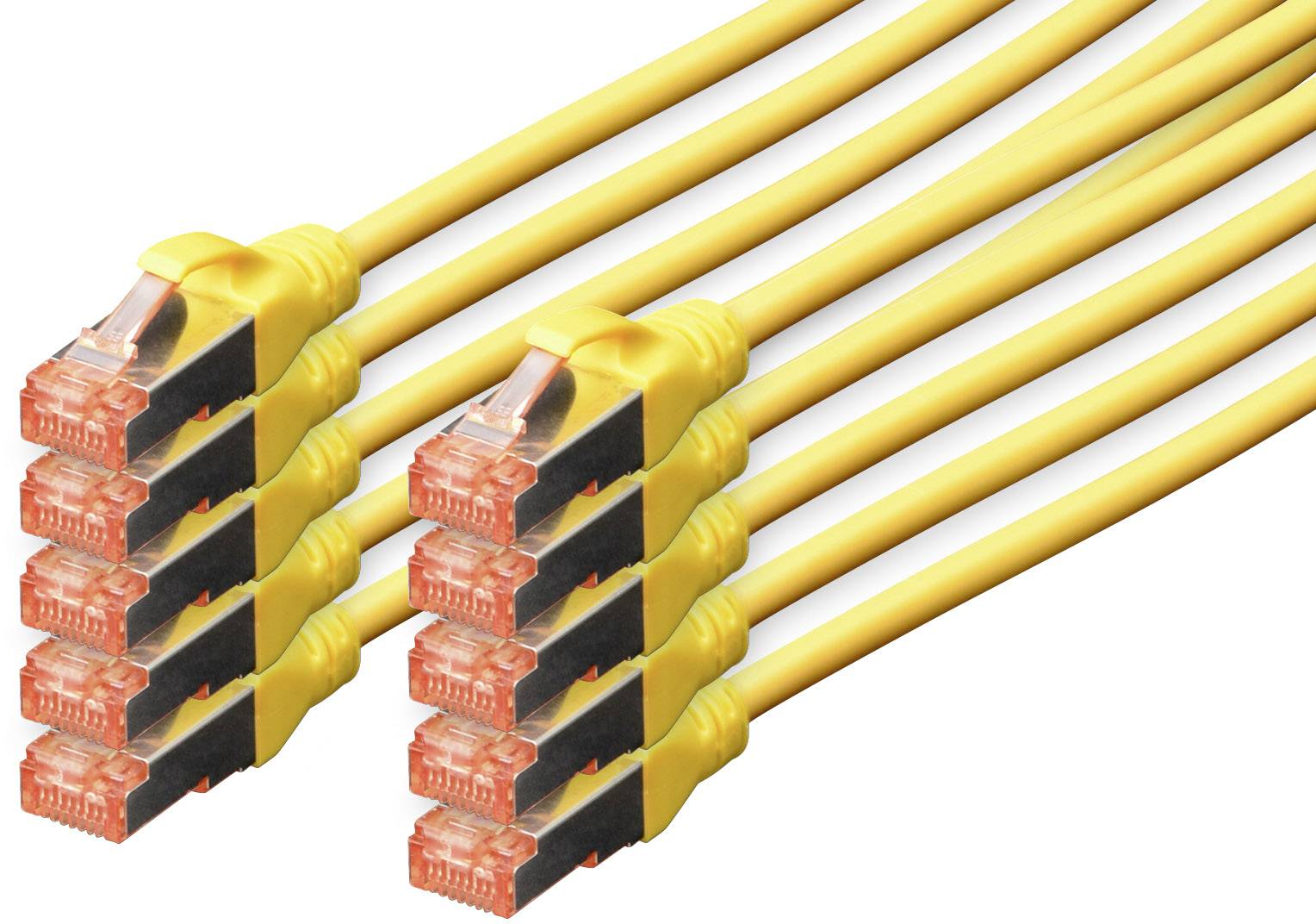 Mehrere gelbe Ethernet-Kabel mit transparenten, roten Steckern, nebeneinander angeordnet; Symbol für Netzwerktechnologie.