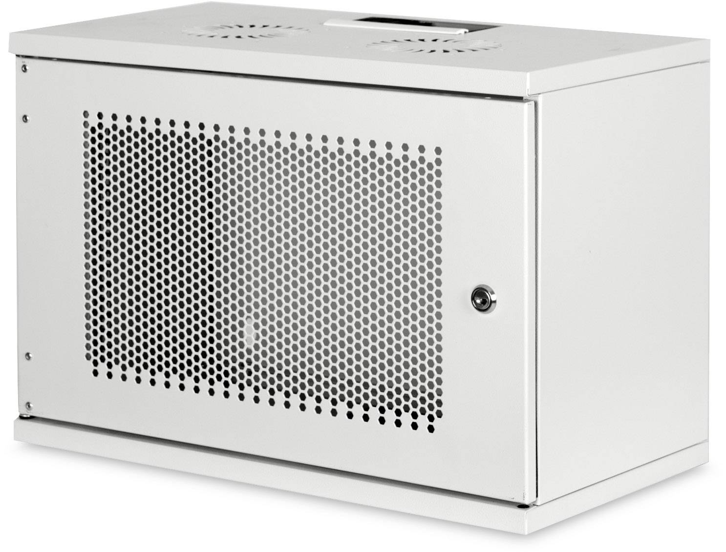 Weiße rechteckige Metallbox mit perforierter Front und Schlüsselschloss an der Seite. Designed für Belüftung und Sicherheit.