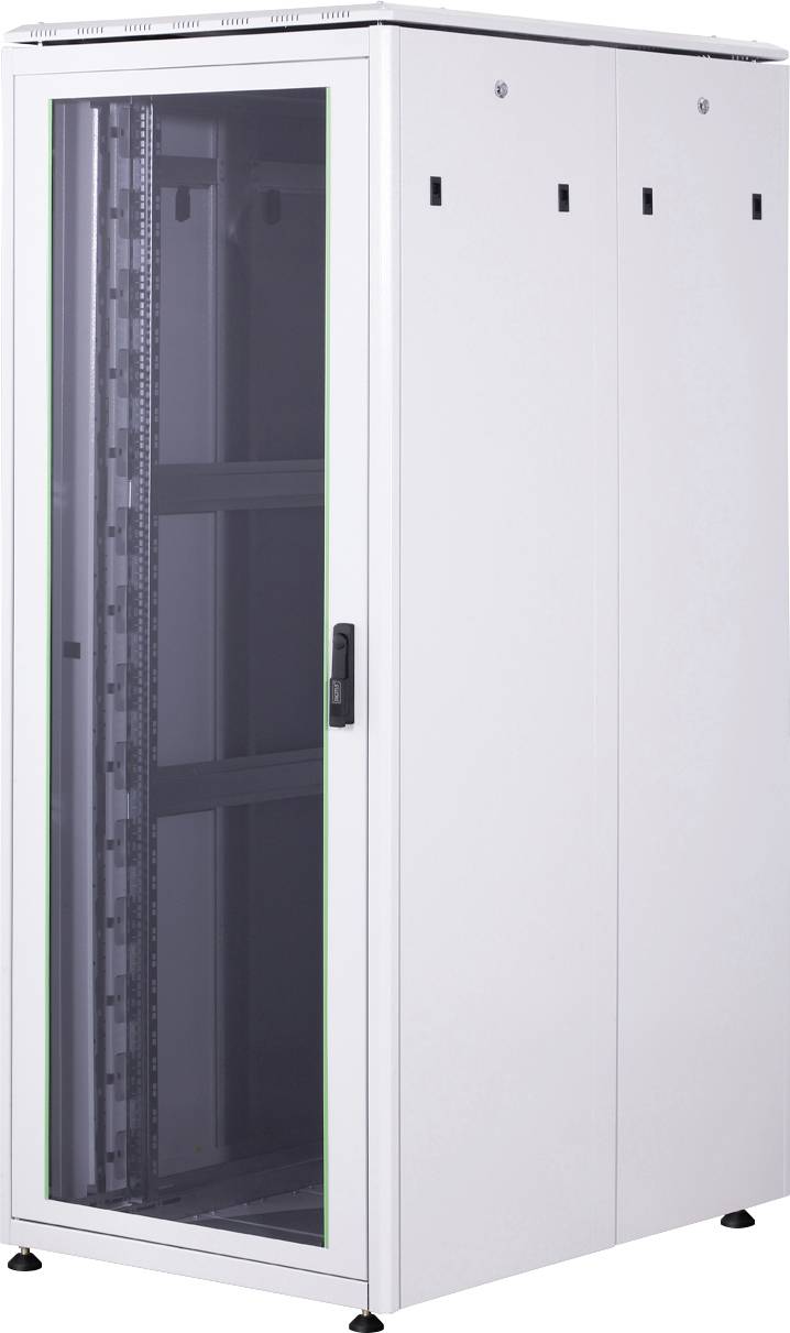 Weißer Server-Rack-Schrank mit Glastür, Metallrahmen und schwarzen Griffen, aufrecht stehend, für IT-Ausrüstung in Rechenzentren geeignet.