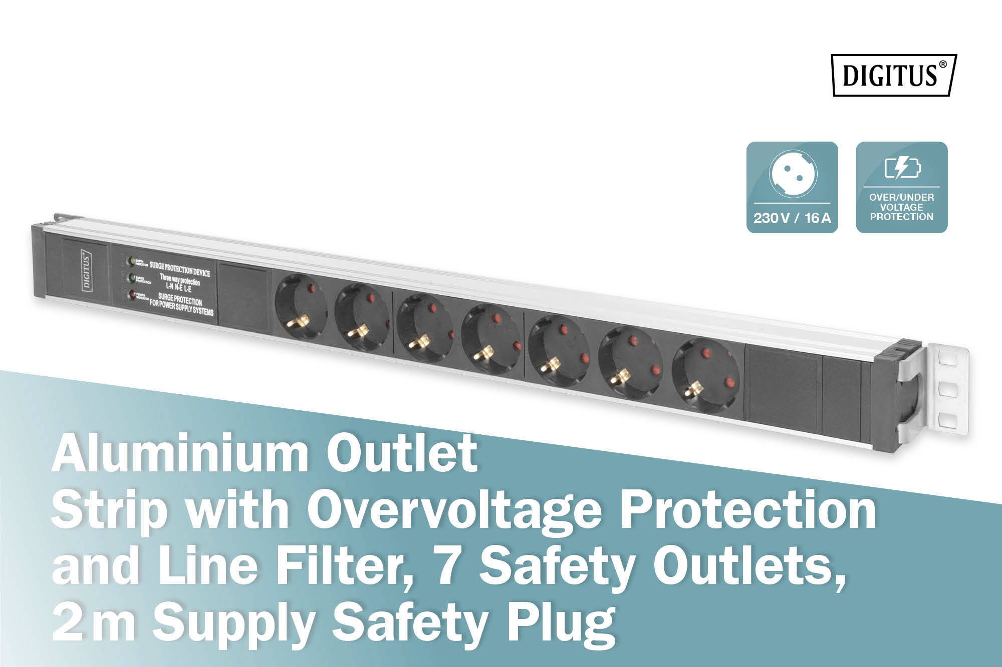 Aluminium Steckdosenleiste mit Überspannungsschutz, 7 Sicherheitssteckdosen, 2m Sicherheitsschuko-Stecker, 230V/16A.
