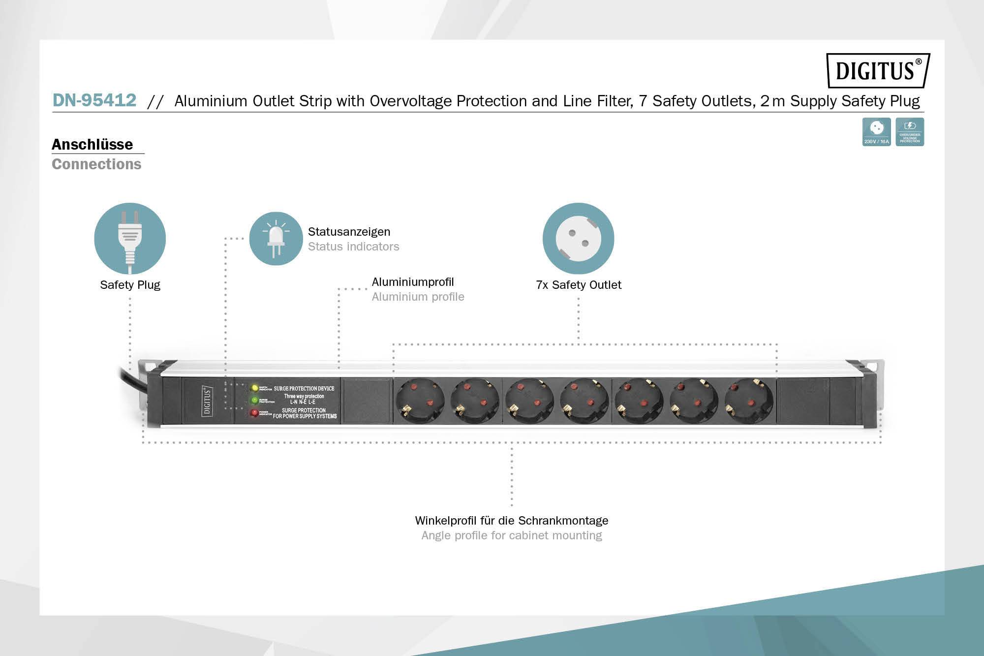 Aluminium-Steckdosenleiste mit Überspannungsschutz, 7 Steckdosen und 2 m Kabel. Statusanzeigen für Überspannungsschutz und Erdung.