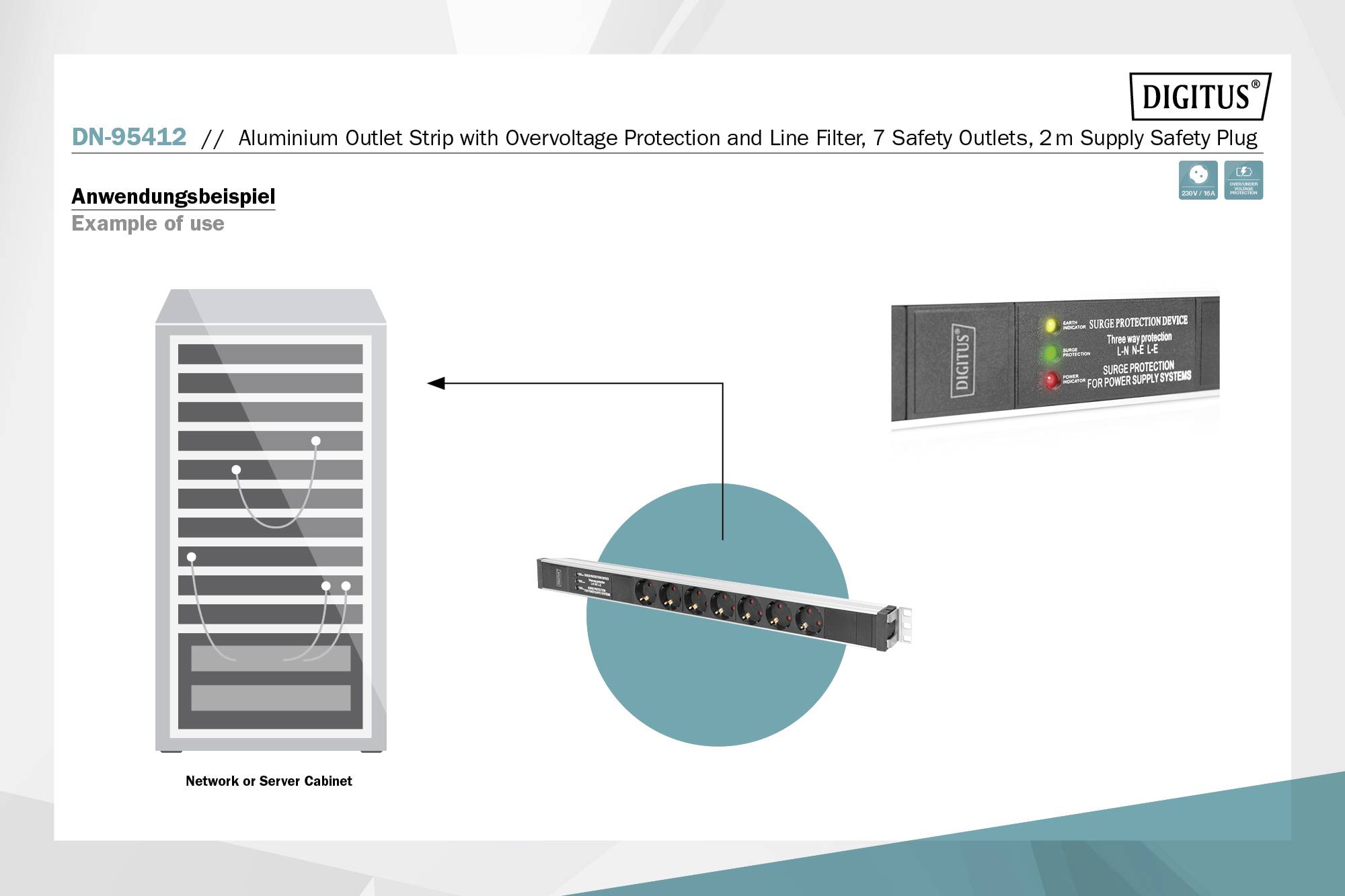 Abbildung des Netzwerktechnik-Geräts zur Verwendung in einem Server-Schrank mit einem Screenshot über die Sicherheitsmerkmale.