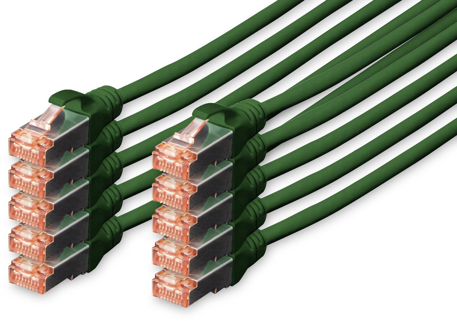 Acht grüne Ethernetkabel mit orangefarbenen Steckern in zwei Reihen, symbolisieren Netzwerkverbindungen und Datenübertragung.