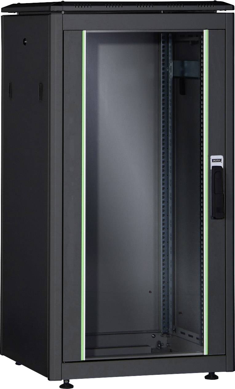 Schwarzes Server-Rack-Gehäuse mit Glastür, Bodenständer und grünem Lichtausschnitt; geeignet zur Aufbewahrung von IT-Hardware.