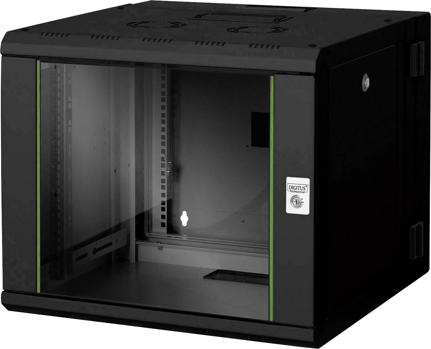 Ein schwarzer Wandverteiler mit Glastür und Schloss, geeignet für die Installation von Netzwerkkomponenten in IT-Umgebungen.