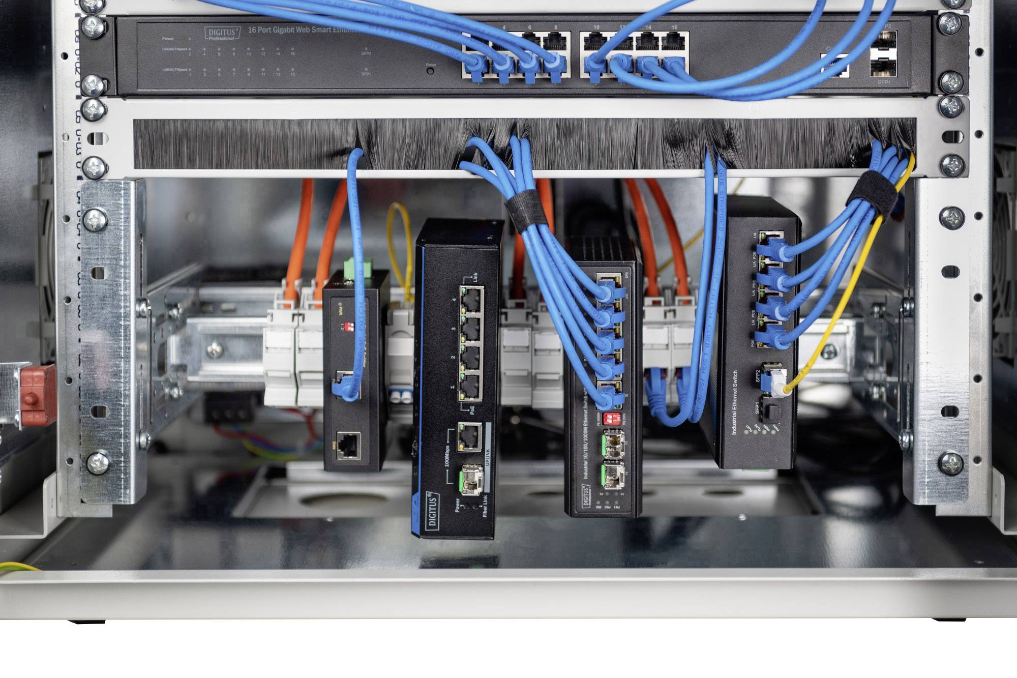 Netzwerkknoten in einem Server-Rack mit verbundenen blauen und orangefarbenen Kabeln; zentrale Einheit und Kabelmanagement sichtbar.