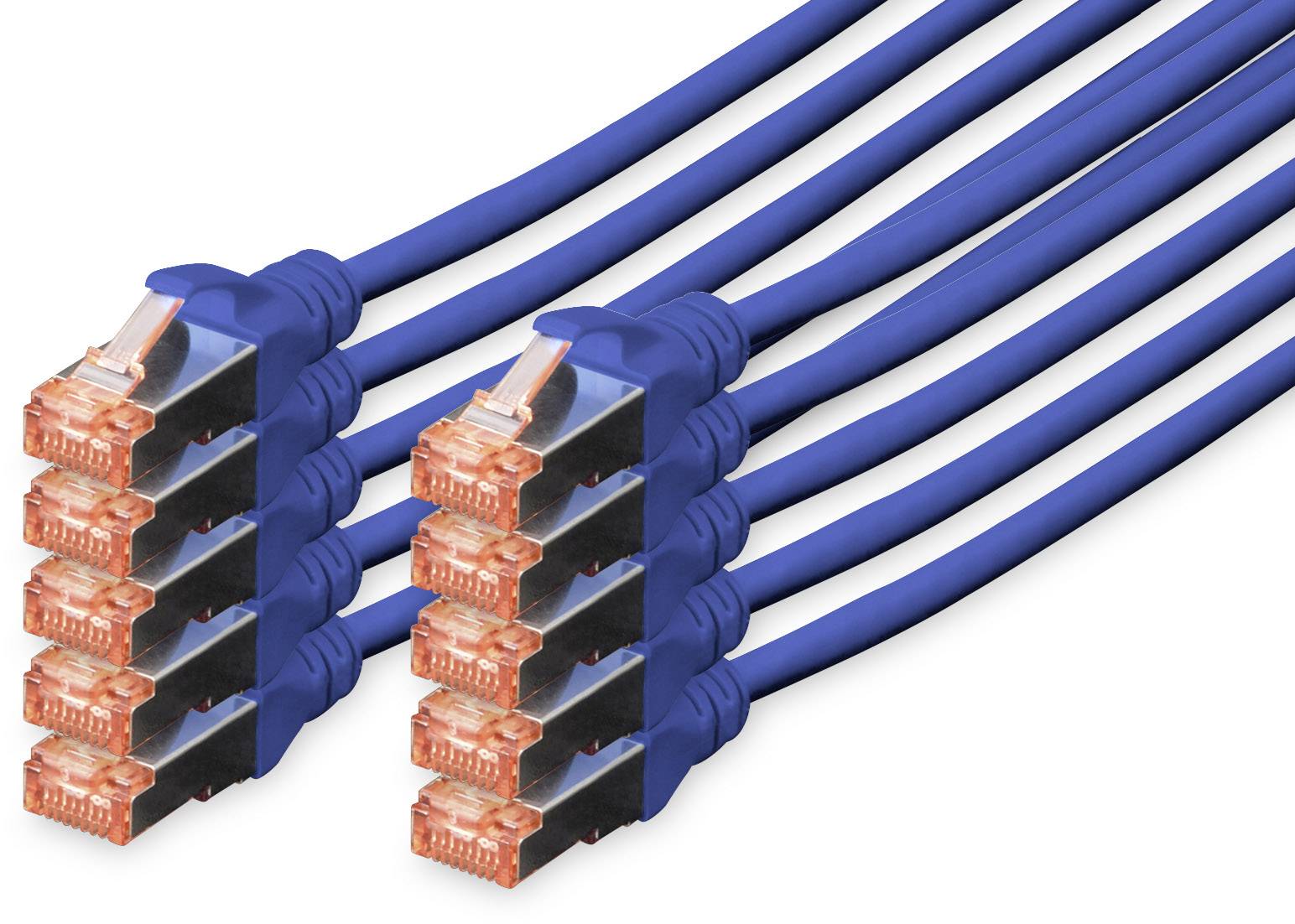 Sechs blaue Ethernet-Kabel mit roten Steckern, parallel liegend. Sie symbolisieren Netzwerkverbindungen und Datenübertragung.