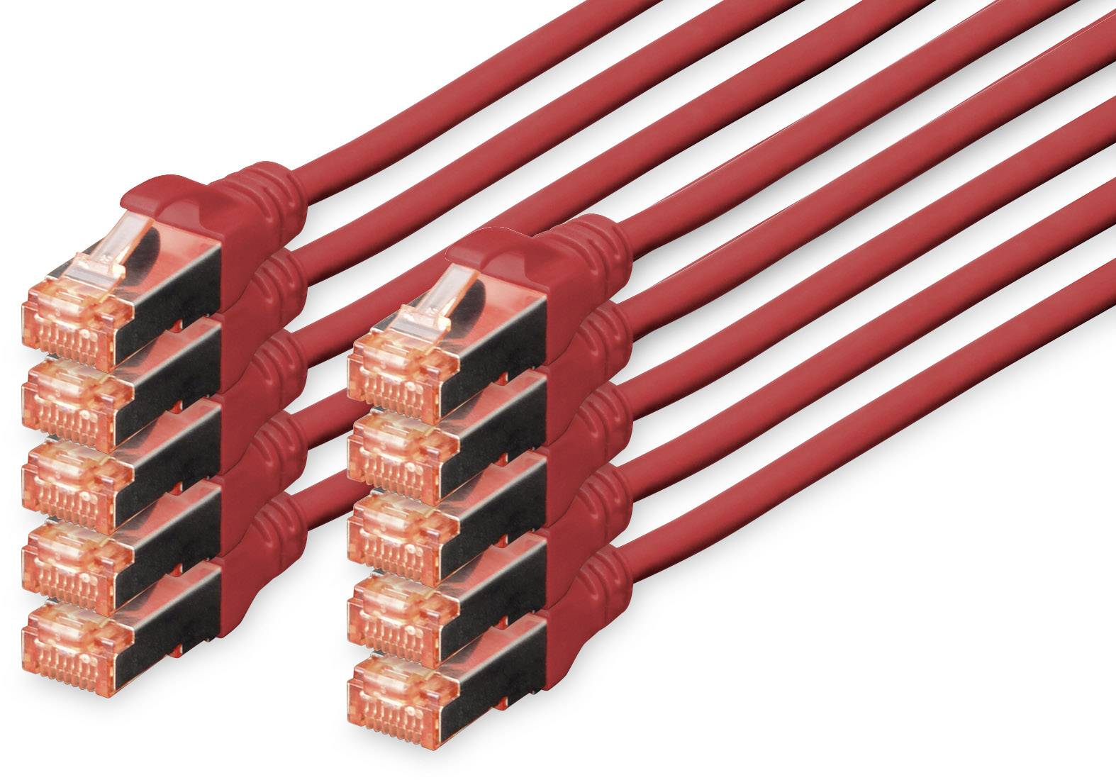 Rote Netzwerkkabel mit RJ45-Steckern in zwei Reihen, symbolisieren Internetverbindung oder Datenübertragung.