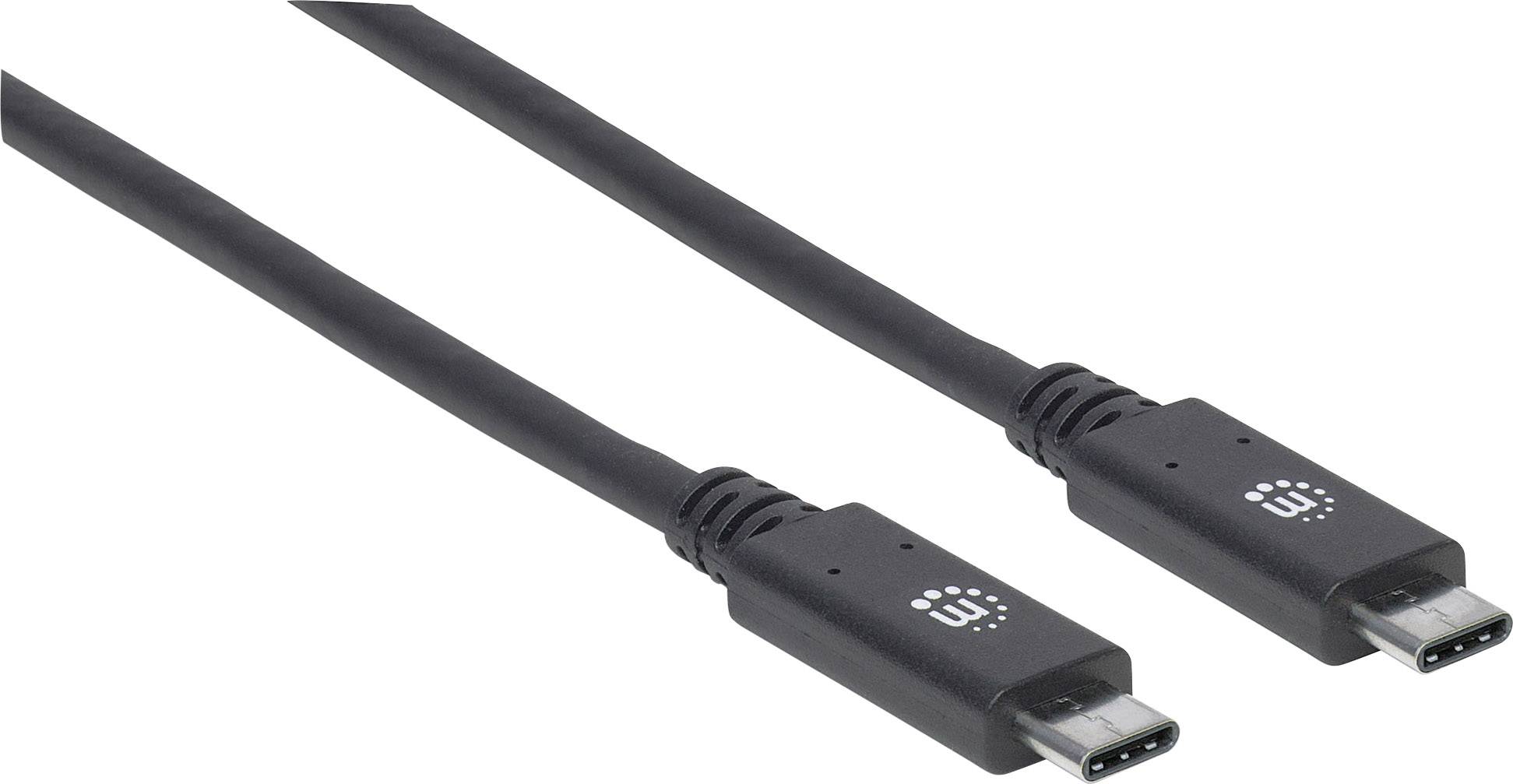 USB-C-Kabel mit schwarzen Steckern auf weißem Hintergrund. Die Steckerenden zeigen in entgegengesetzte Richtungen.