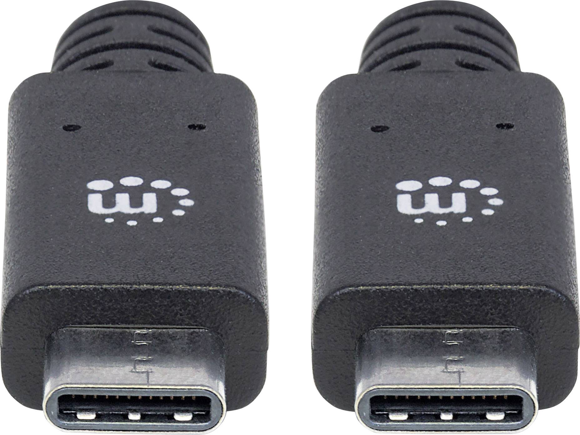 Zwei schwarze USB-C-Stecker mit Symbol auf der Oberseite.