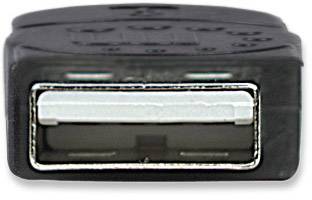 Nahaufnahme eines schwarzen USB-A-Steckers mit sichtbarem Anschluss, umgeben von einem Kunststoffgehäuse.