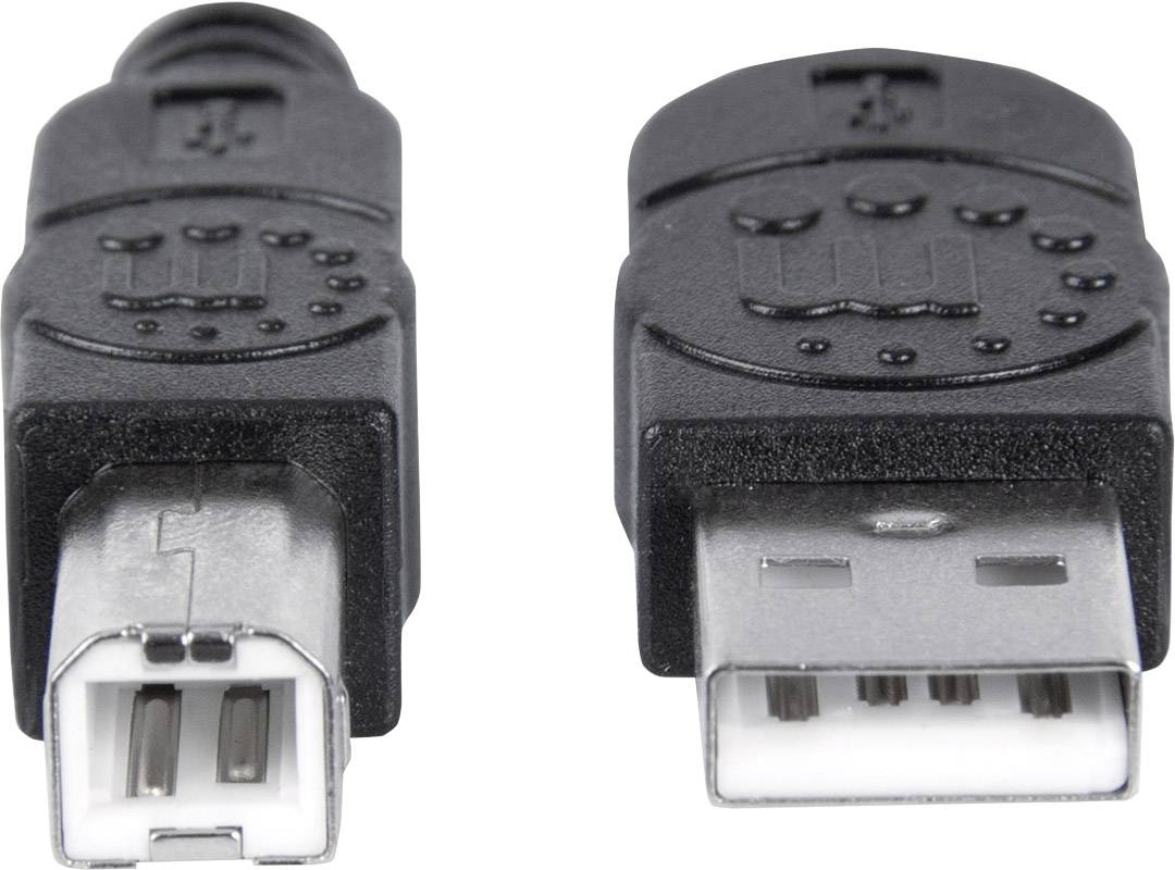 Zwei USB-Stecker, links ein typisches rechteckiges USB-A-Steckerdesign, rechts ein quadratischer USB-B-Stecker, beide in Schwarz.
