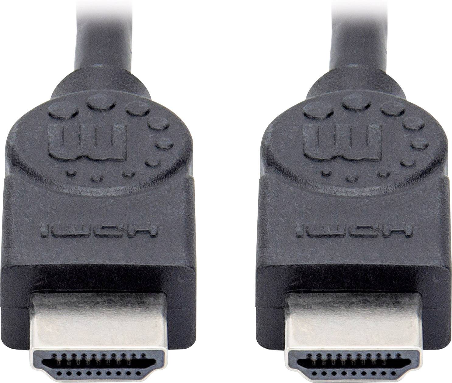 Zwei schwarze HDMI-Kabel mit Steckern, die von oben nach unten verlaufen.