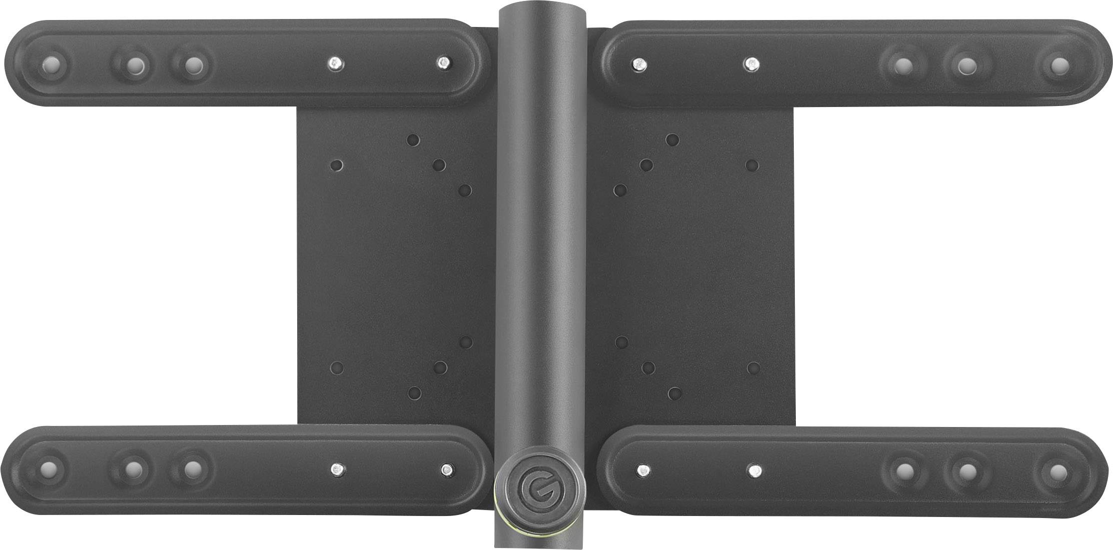 Eine schwarze TV-Wandhalterung mit schwenkbaren Armen und einem zentralen Befestigungspunkt ist vollständig ausgeklappt dargestellt.
