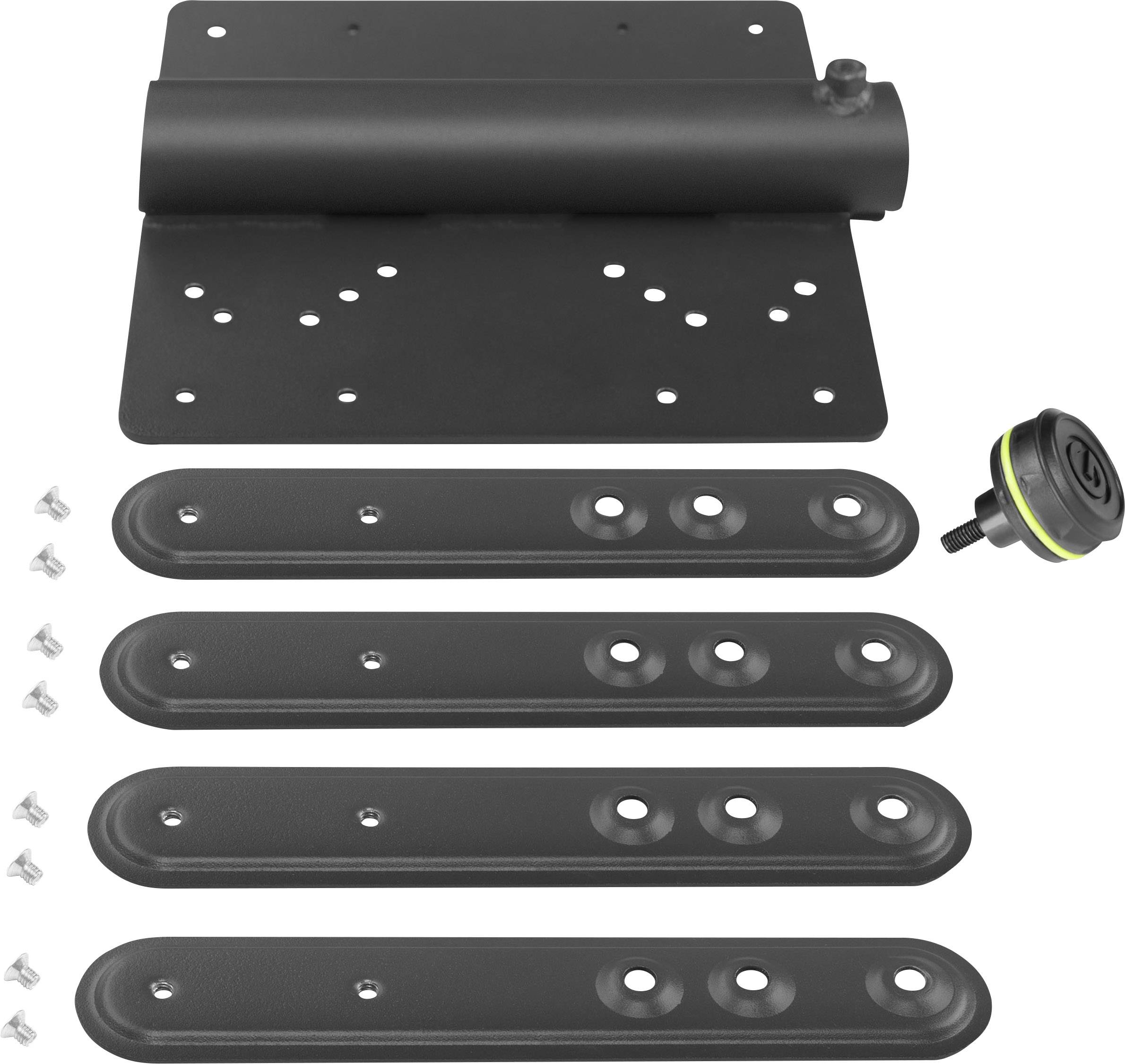 Ein schwarzes Set bestehend aus Schrauben, vier rechteckigen Metallplatten und einer größeren Platte mit Scharnier zur Türmontage.