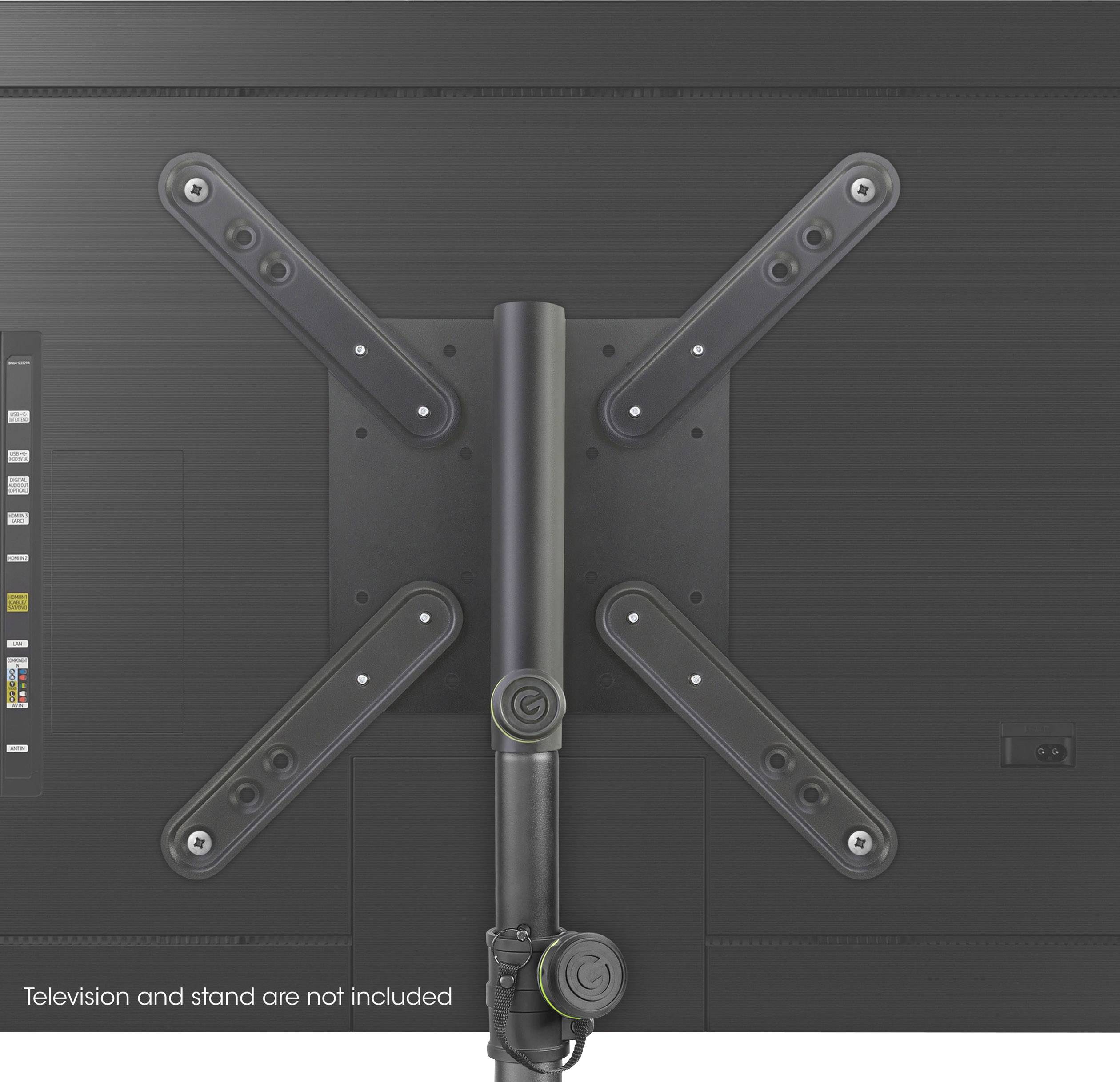 Rückseite eines Monitors mit einer Universal-Wandhalterung und einem Hinweis: 'Television and stand are not included'.