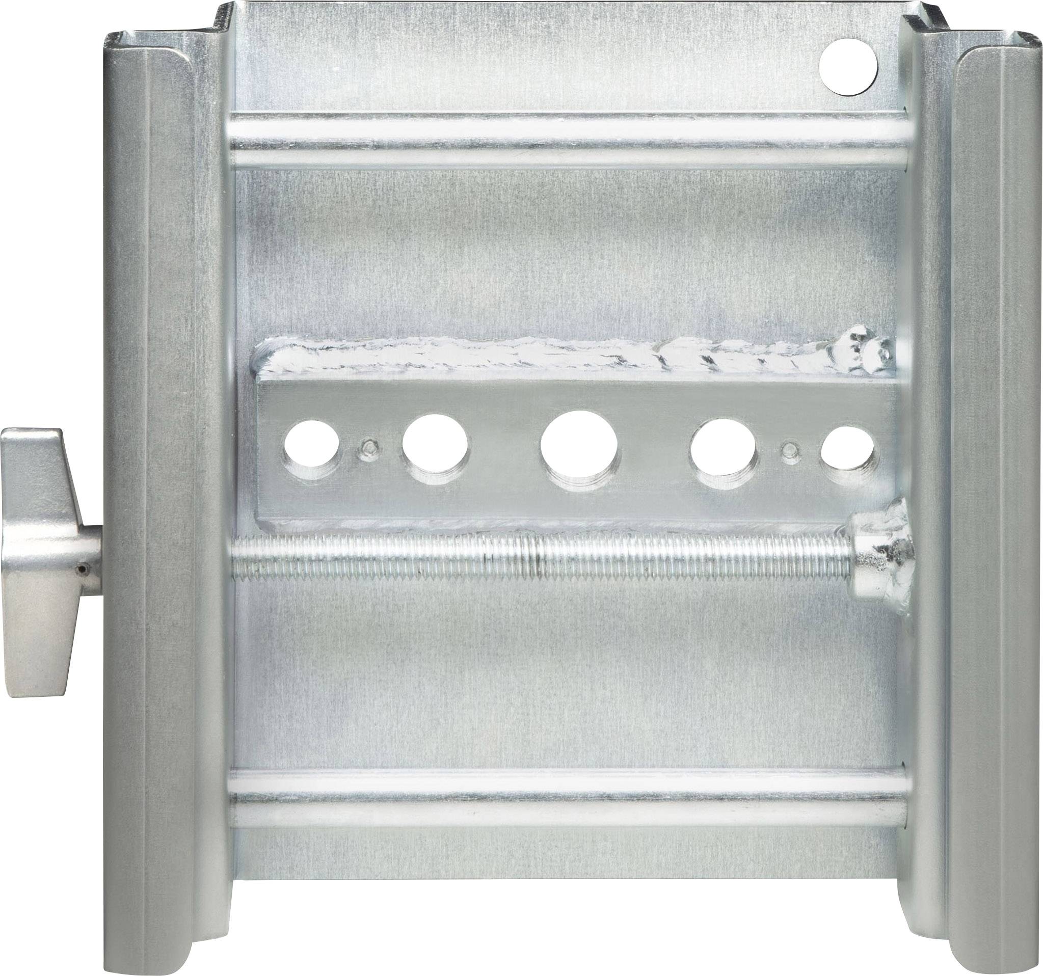 Montagewinkel aus Metall mit mehreren Befestigungslöchern und Schraube, geeignet für stabile Wand- oder Deckenbefestigungen.