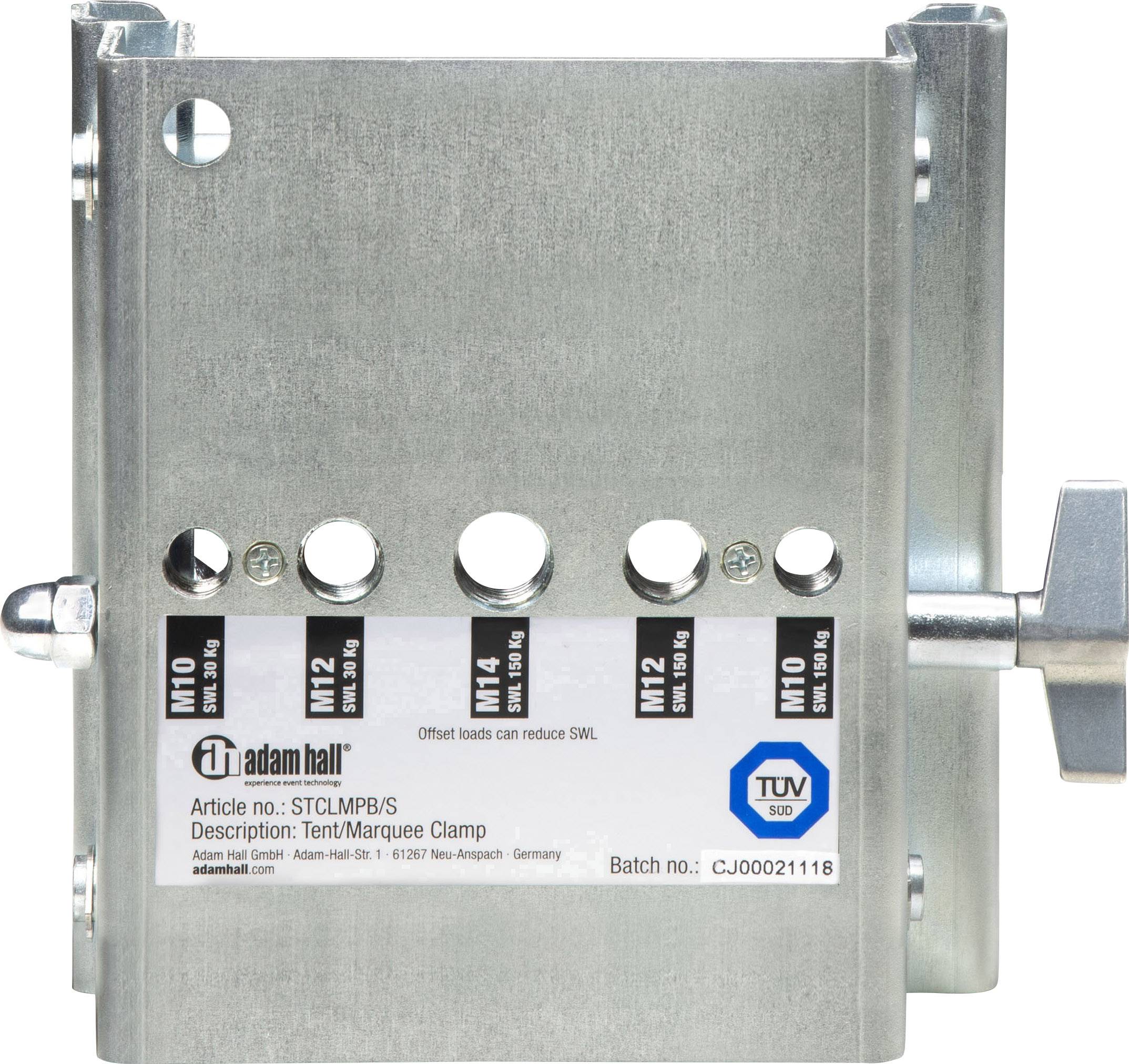 Metallklemme mit Justierrad, Modell- und Artikelnummern sichtbar. Aufschrift: 'Offset loads can reduce SWL'.