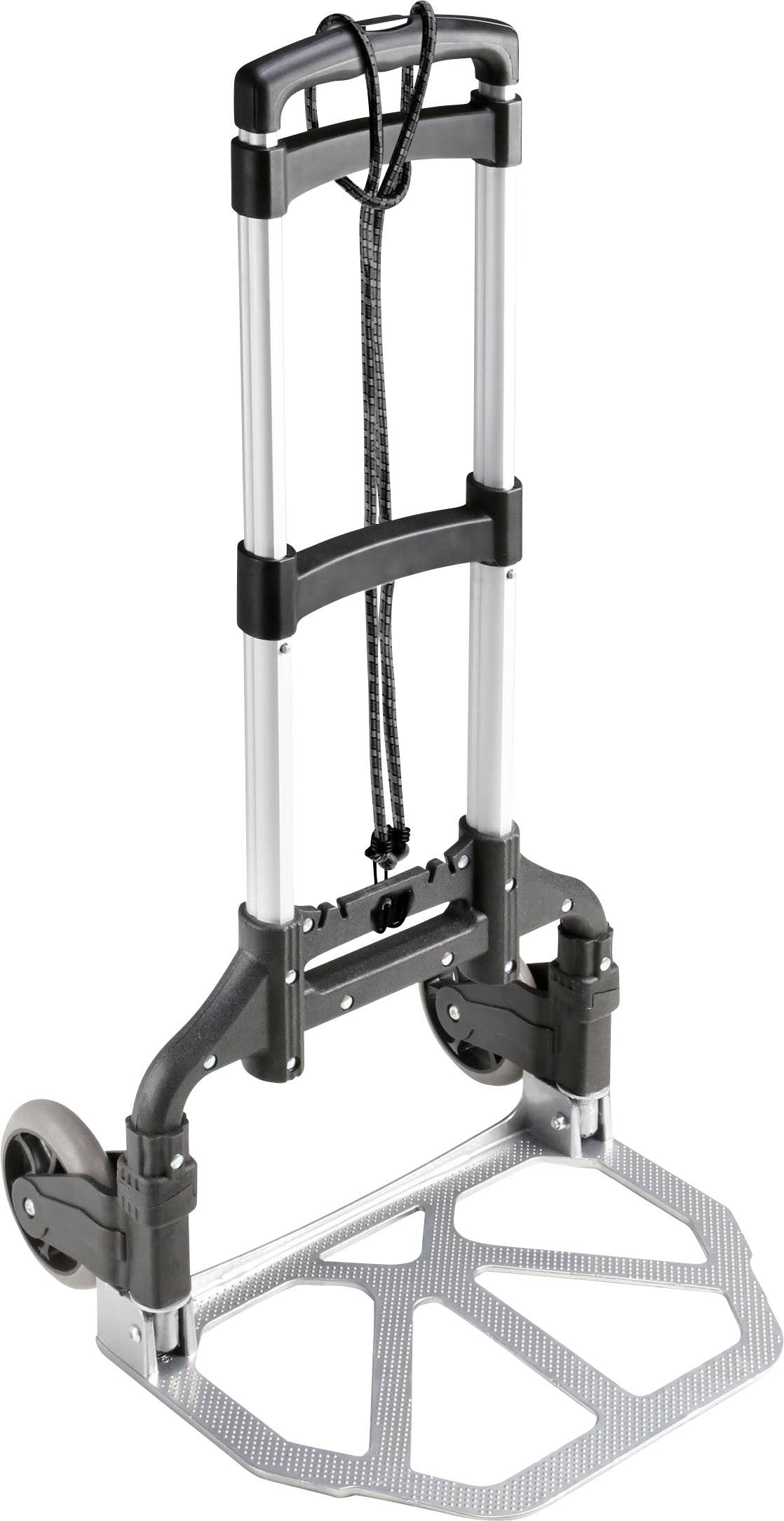 Ein klappbarer Transportwagen mit zwei Rädern und verstellbarem Griff, ideal zum Transport schwerer Gegenstände im Haushalt oder Büro.