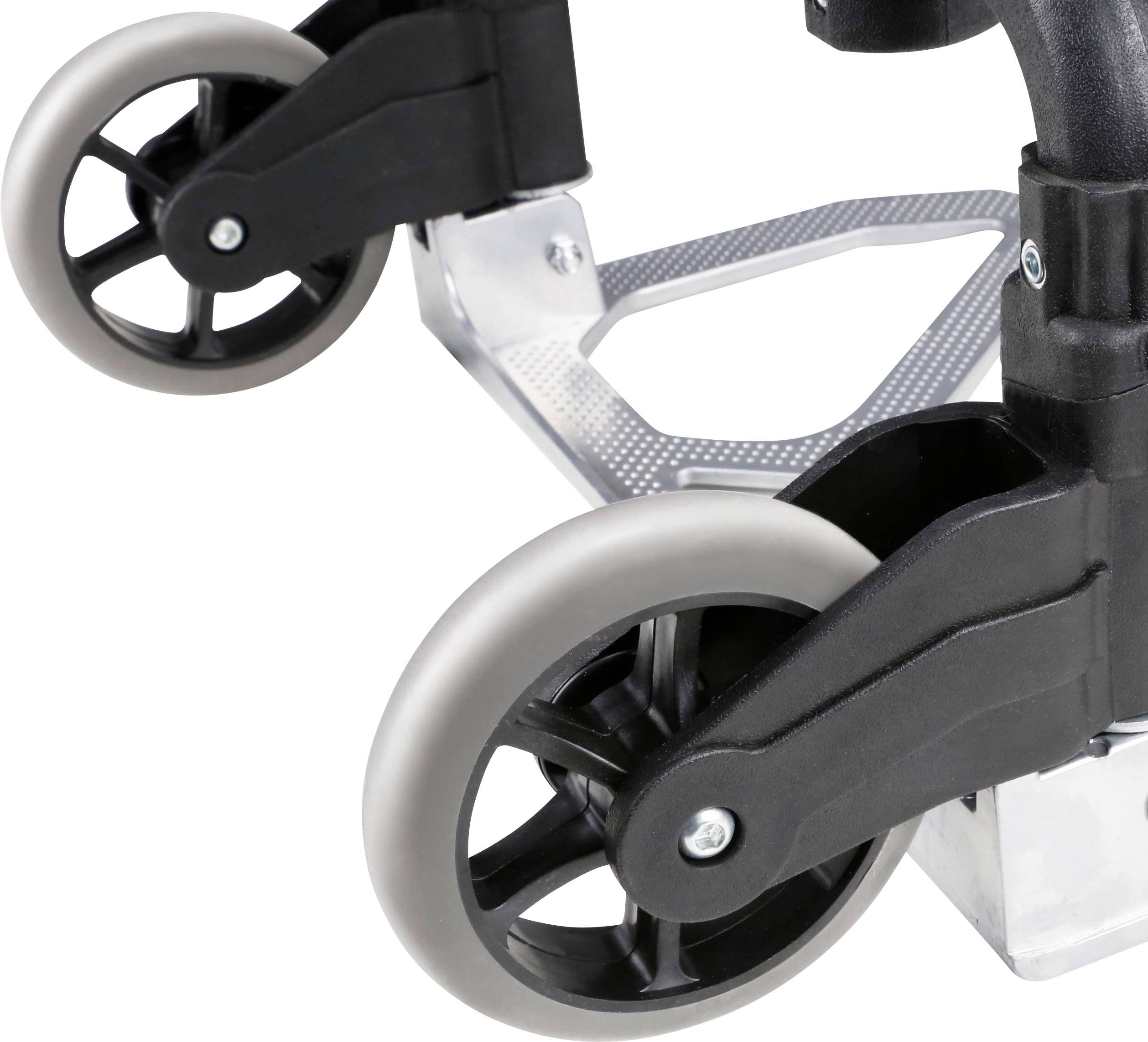 Zwei schwarze Lenkrollen eines Rollwagens auf Metallrahmen, bereit für Bewegung.