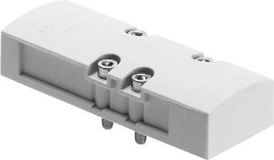 Ein graues Steckverbindermodul mit drei sichtbaren Schrauben auf der Oberseite, geeignet für mechanische Verbindungen.