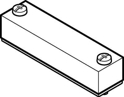Ein rechteckiger Metallblock mit zwei Schrauben oben, möglicherweise Teil einer technischen oder mechanischen Konstruktion.