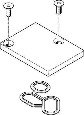 Diagramm einer rechteckigen Platte mit zwei Schrauben zur Befestigung. Darunter sind zwei nicht näher spezifizierte Teile abgebildet.