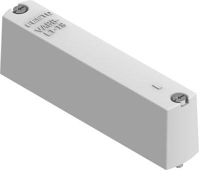Rechteckige graue Festo-Abdeckung mit Aufschrift 'FESTO VAINF-L-1-1/8', zwei sichtbaren Schrauben und flachem Design.