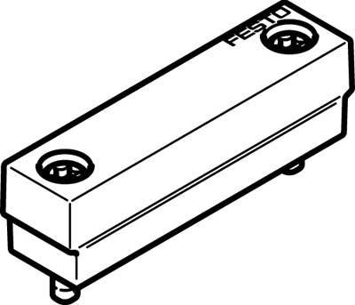 Strichzeichnung eines rechteckigen Sensors mit zwei Befestigungslöchern und der Aufschrift 'FESTO' auf der Oberseite.
