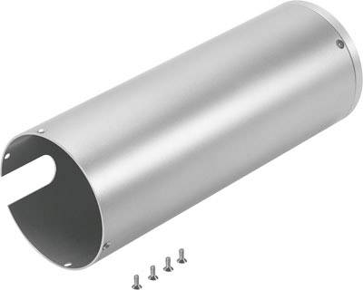 Silberner Metallzylinder mit vier Schrauben, darauf ausgelegt, etwas zu umhüllen oder zu schützen.
