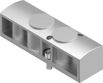 Metallverbinder mit Schraube, zwei runden Abdeckungen und zwei Hohlkammern, verwendet zum Verbinden moderner Möbelteile.
