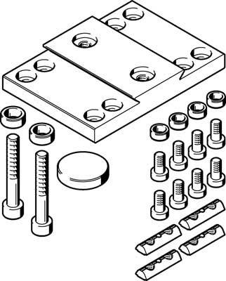 Illustration eines Scharnier-Sets mit Befestigungsplatte, Schrauben, Dübel und Unterlegscheibe, zur Montageanleitung passend.