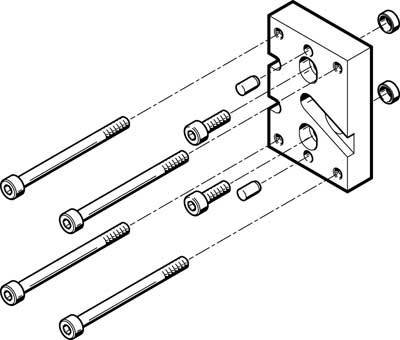Explosionszeichnung eines mechanischen Bauteils mit Schrauben und Muttern zur Montageanleitung.
