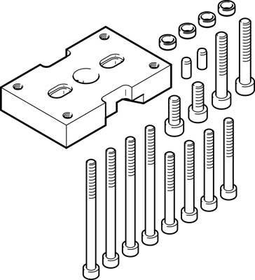Aus einer technischen Zeichnung: Platte mit zwei großen und einem kleinen zentralen Loch, daneben neun Schrauben in verschiedenen Größen.