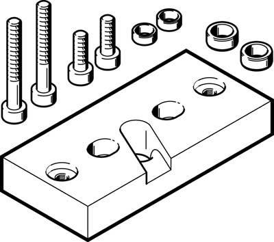 Eine isometrische Zeichnung eines Montagekits, bestehend aus einer rechteckigen Metallplatte mit vier Bohrlöchern, sechs Schrauben und sechs Muttern.