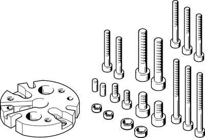 Explosionszeichnung eines mechanischen Bauteilsatzes mit Schrauben, Muttern und einer scheibenförmigen Komponente links.
