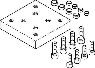 Abbildung zeigt eine Metallplatte mit mehreren Schraubenlöchern und verschiedenen Schrauben und Muttern, die separat dargestellt sind.