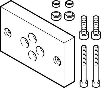 Illustration von Montageset mit rechteckiger Metallplatte, sechs Schraubenlöchern, vier Muttern und vier Schrauben.